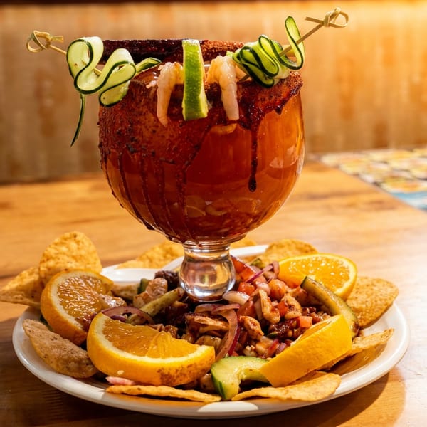 A large michelada cocktail with shrimp and cucumber, surrounded by a seafood platter with oranges and chips.