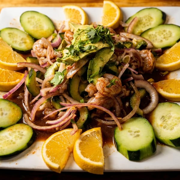 Shrimp ceviche with avocado, red onion, and cilantro, garnished with cucumber slices and orange wedges.