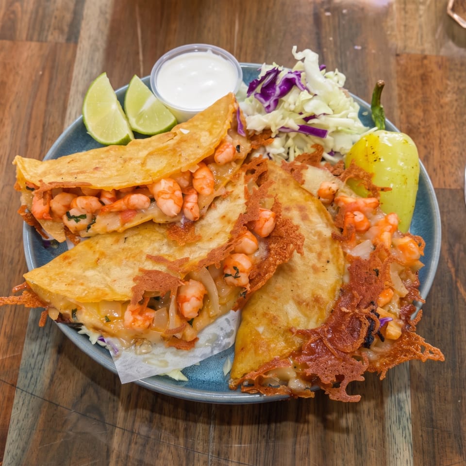 Three shrimp tacos with melted cheese, lime wedges, cabbage slaw, and a pepper on a blue plate.