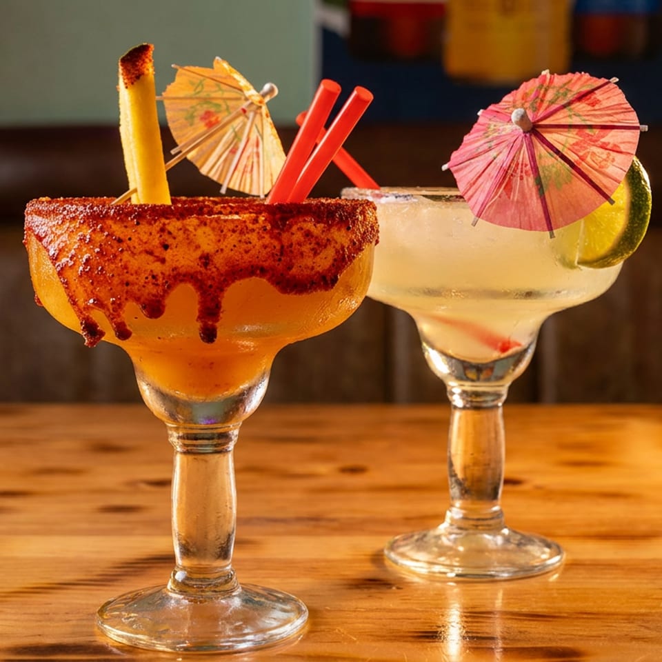 Two margaritas on a wooden table, one with chili-lime rim and mango, the other with a lime.