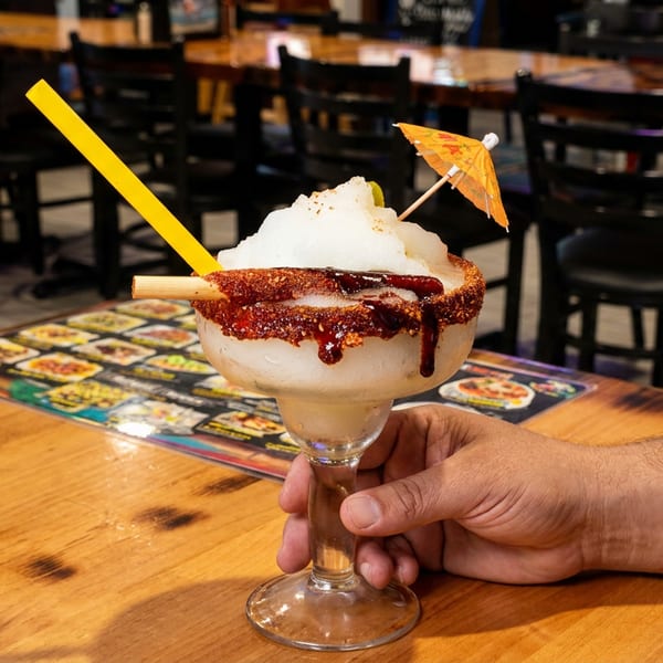 A hand holds a large frozen margarita with a chili-lime rim, tamarind candy straw, and umbrella.