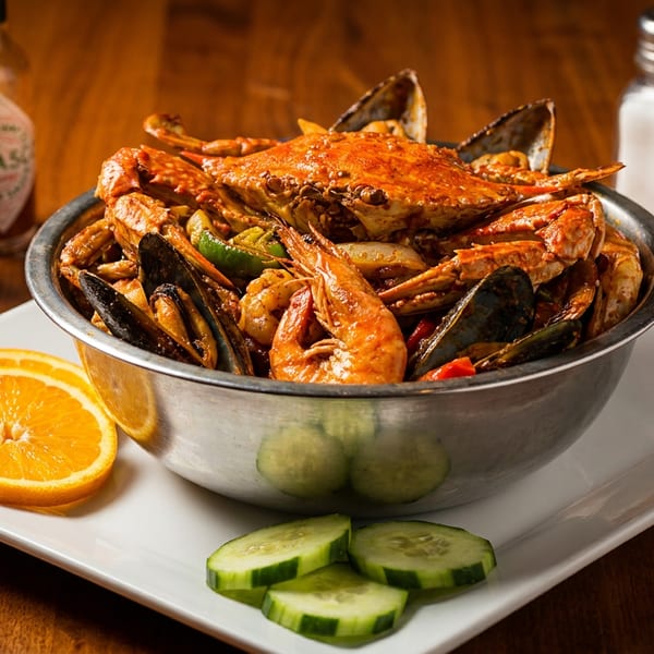 A metal bowl filled with crab, shrimp, mussels, and vegetables, with orange slices and cucumber on a plate.