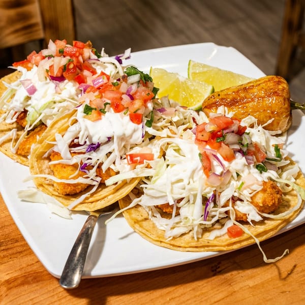 Three fish tacos with cabbage, pico de gallo, and crema, served with lime wedges and a pepper.