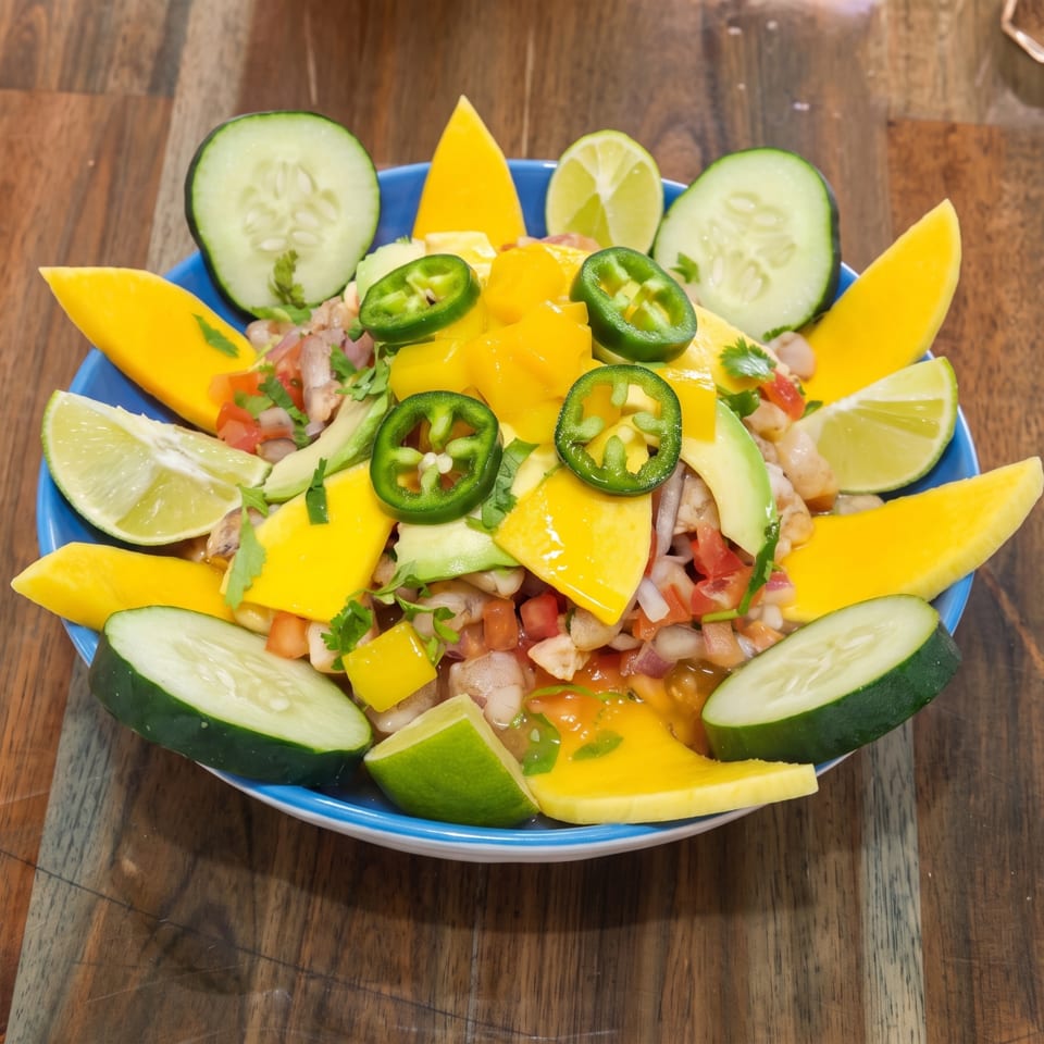 Colorful ceviche with shrimp, mango, avocado, cucumber, lime, and jalapeños in a blue bowl.