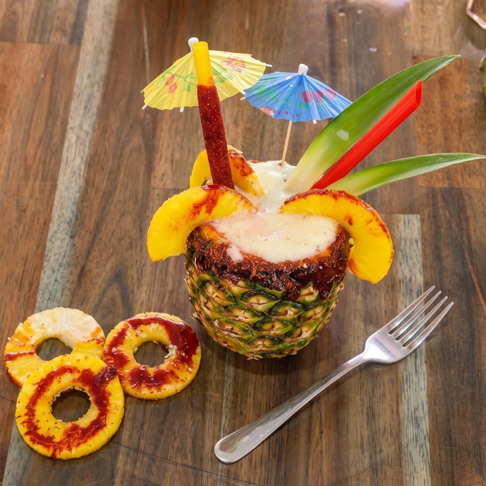 A pineapple drink with fruit, umbrellas, and a red straw, next to pineapple rings.