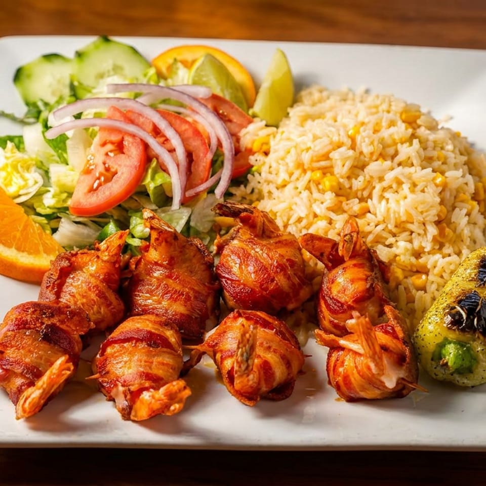 Bacon-wrapped shrimp with rice, salad, orange, lime, and grilled pepper on a white plate.