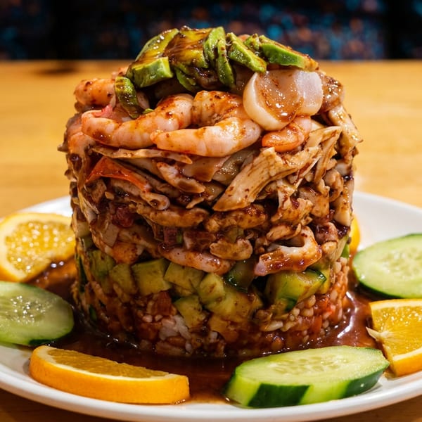 Stacked seafood dish with shrimp, avocado, and cucumber slices on a white plate.
