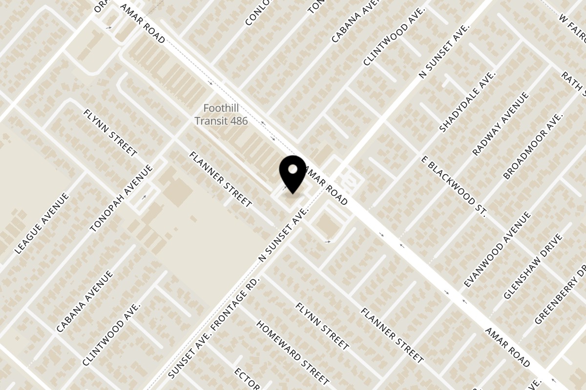 Map showing the location of Mariscos Villa Del Mar La Puente on 849 N Sunset Ave in La Puente